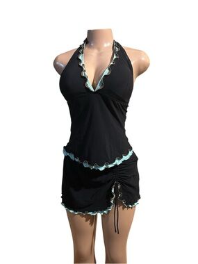 Profile Women’s Black Halter Swim Dress with Light Blue Trim